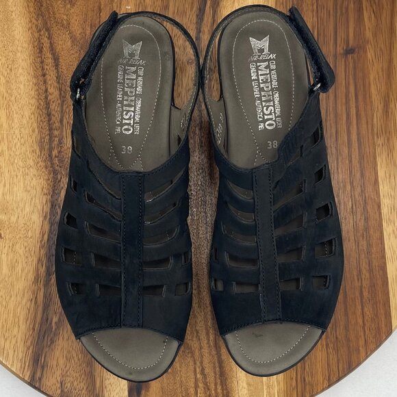 Mephisto Air Relax Womens 7/38 Black Leather Trapezoid Wedge Comfort Sandals - Picture 11 of 13